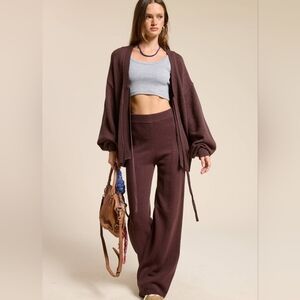 Cozy Brown Knit Set,Cardigan & High-Waisted Pants, Casual Chic Outfit for Fall